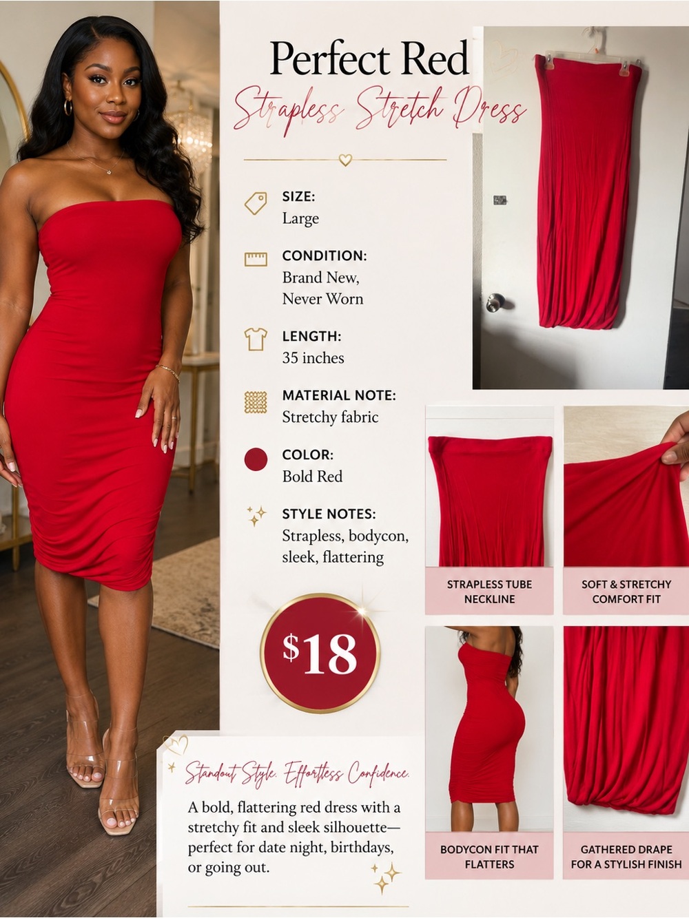 Strapless Bodycon Dress in Bold Red - Women